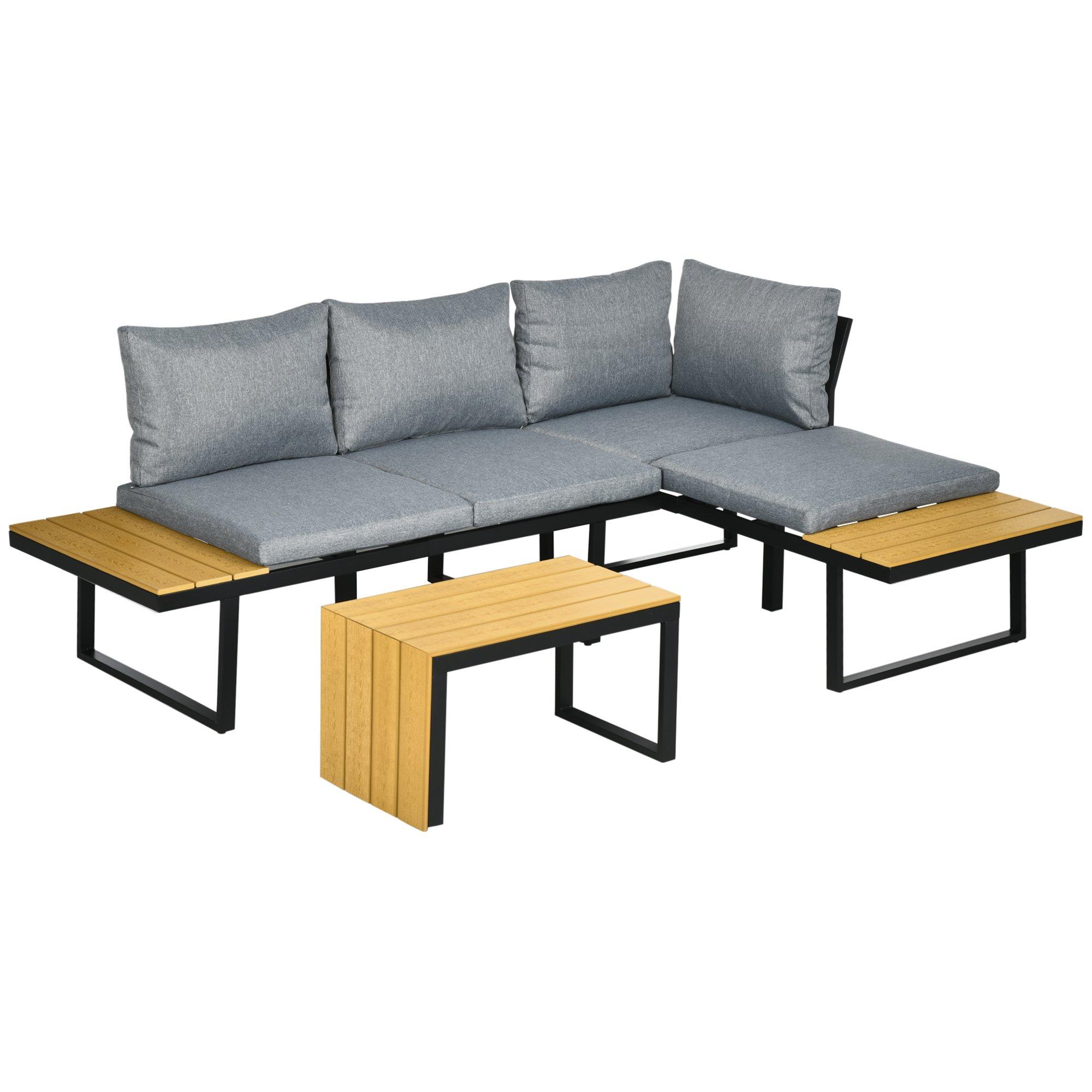 3PCs Patio Furniture Set w/ Cushions, Wood Grain Plastic Top Table